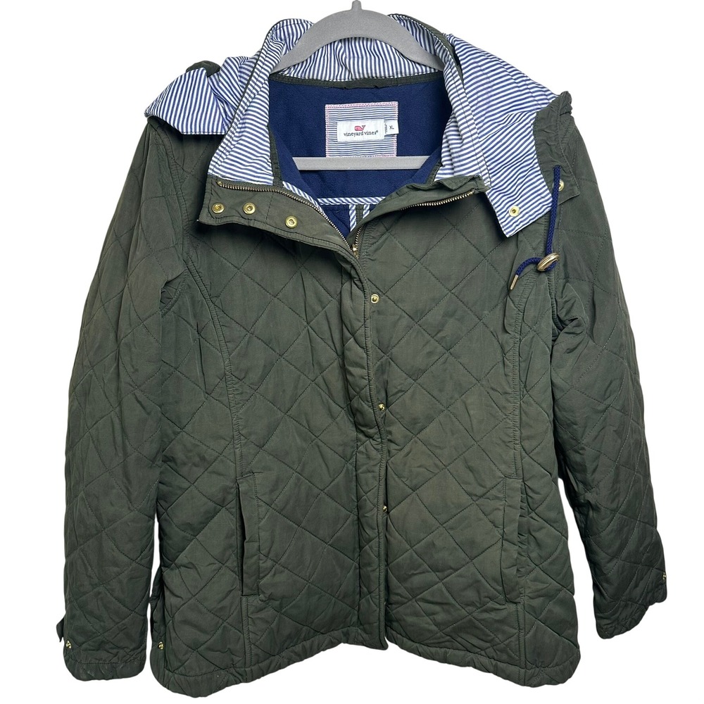 Vineyard Vines Quilted Jacket Women XL Green Hooded Zip Snap Barn Coat Preppy